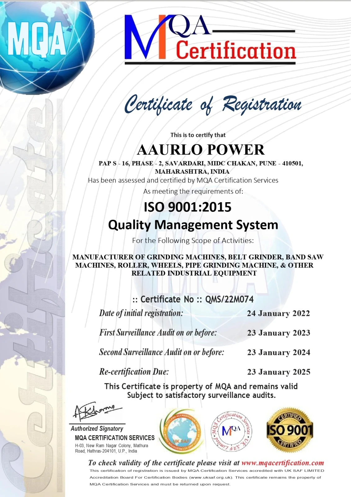 ISO 9001:2015 Certificate of Registration for AAURLO POWER, issued by MQA Certification Services